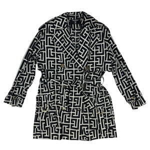Balmain Monogram Belted Short Trench Coat Black Ivory Size 36 | S